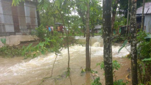কুশিয়ারার তীররক্ষা বাঁধ ভেঙে লোকালয়ে ঢুকছে পানি