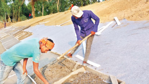 গাছের গুঁড়ির ওপর ঢালাইয়ে চলছে সড়ক রক্ষার কাজ