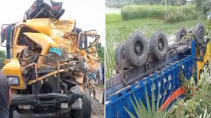 নওগাঁয় দুই ট্রাকের সংঘর্ষে হেলপার নিহত, আহত ১