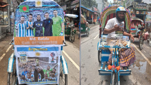 বিশ্বকাপ ফুটবল উন্মাদনায় মেতেছেন রিকশাচালক বাবলু