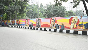 সেগুনবাগিচার দেয়ালে রবীন্দ্রনাথ–নজরুল-জয়নুল আবেদিনের গ্রাফিতি