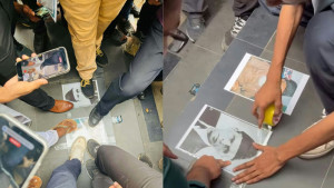 ডাকসুর প্রবেশপথ ও সংগ্রহশালার মেঝেতে জিন্নাহ-গোলাম আযমের ছবি
