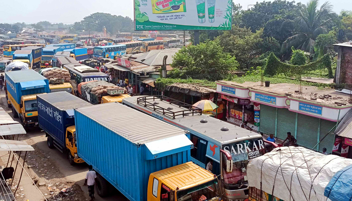 দৌলতদিয়ায় ফেরি পারের অপেক্ষায় যানবাহনের দীর্ঘ সারি