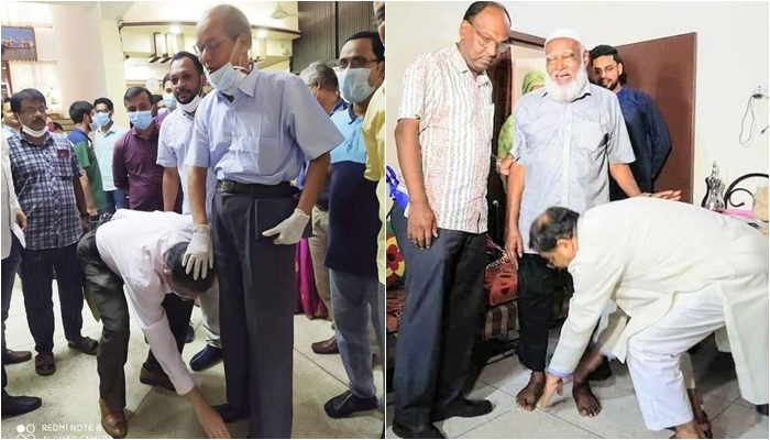 শিক্ষকের পা ছুঁয়ে শ্রদ্ধা জানালেন তথ্যমন্ত্রী