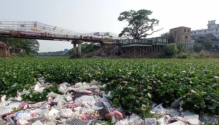 কচুরিপানা আর আবর্জনায় ঢাকা পড়েছে কুমার নদ