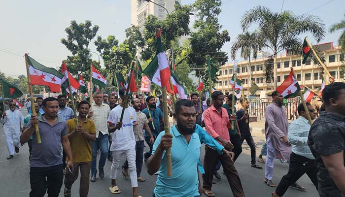 বাঁশের মাথায় পতাকা নিয়ে সমাবেশে আ.লীগ নেতাকর্মীরা